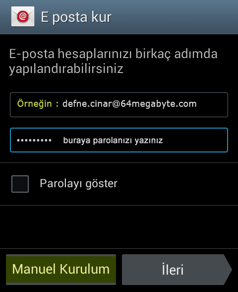 Android E-Posta Kurulumu Adım 2