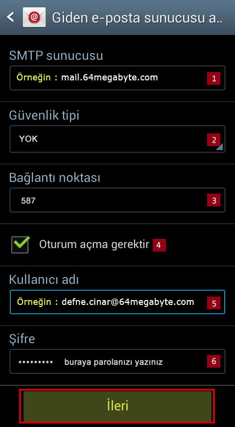 Android E-Posta Kurulumu Adım 5