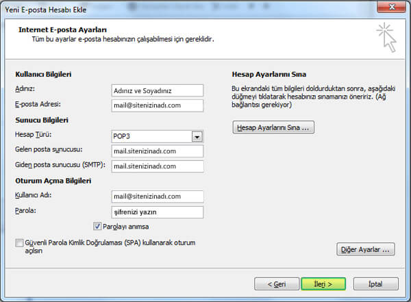 Outlook 2010 E-Posta Kurulumu Adım 10
