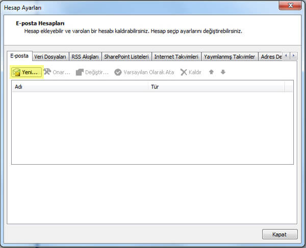 Outlook 2010 E-Posta Kurulumu Adım 3