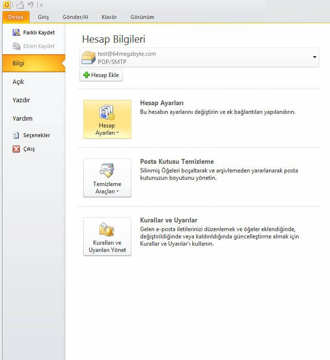 Outlook 2010 E-Posta Kurulumu Adım 1